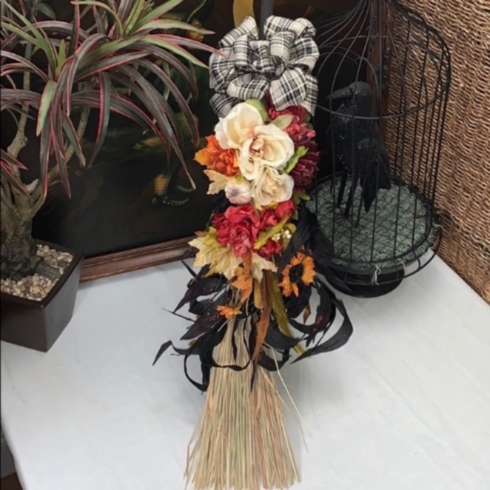 Handcrafted Fall floral decorated broom with a black & cream plaid bow - Picture 2 of 6